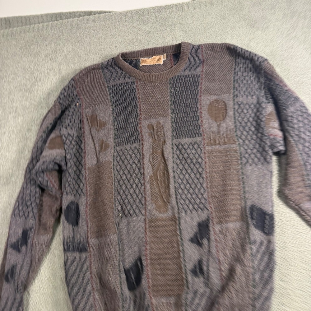 Vintage Shenandoah Mens Large Golf Patchwork Texture Knit Crewneck Sweater Brown